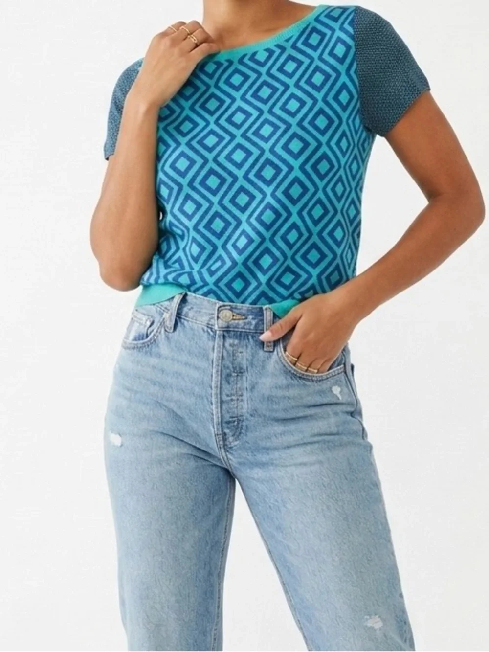 Loft Teal Geometric Mod Knit Short Sleeve Sweater Size M